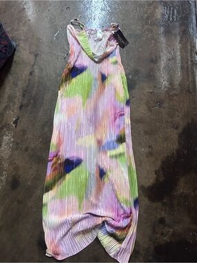 Multicolor Pleated Sundress with Watercolor Print